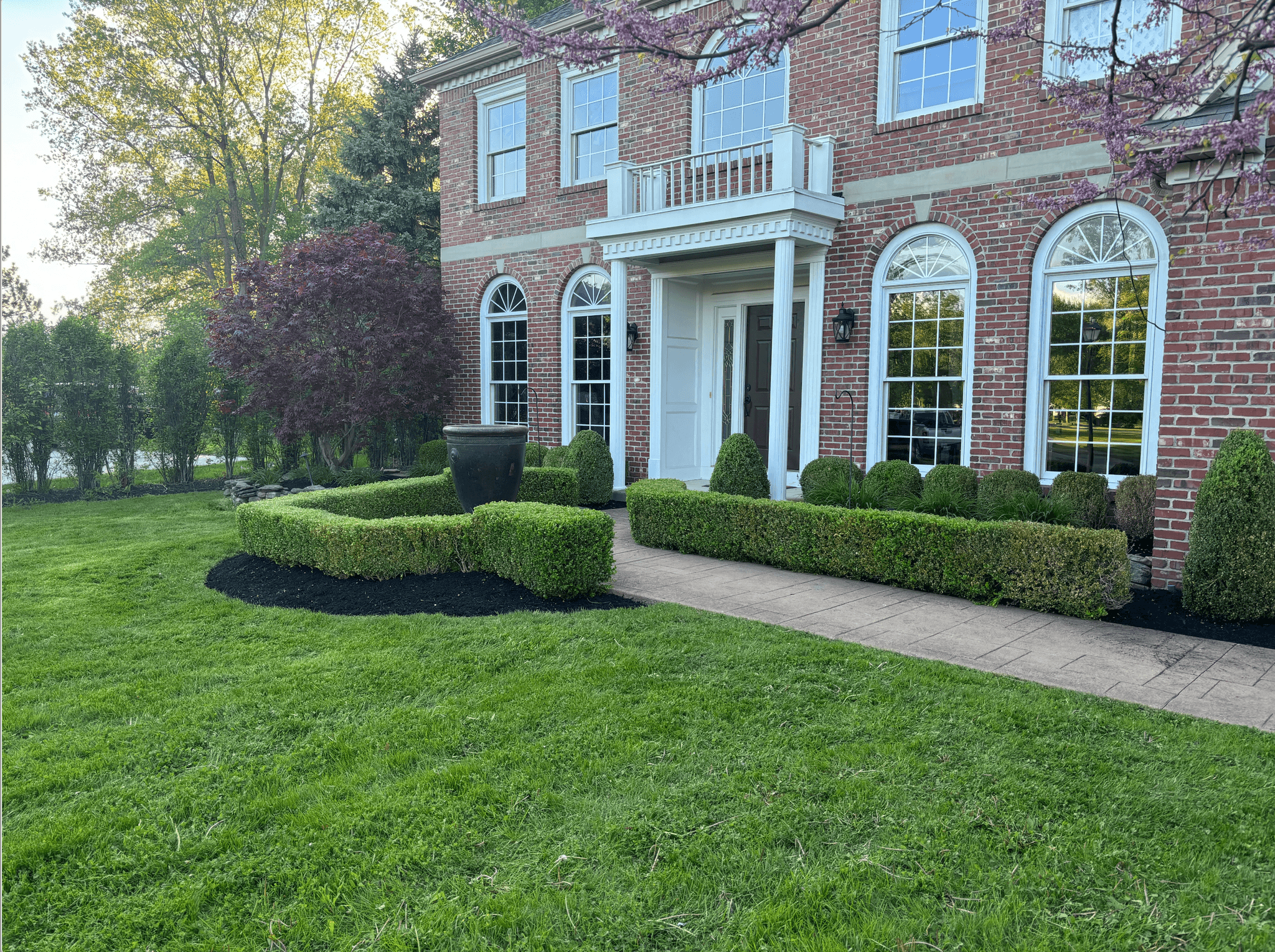 Elegant front yard landscaping with hedges and brick home