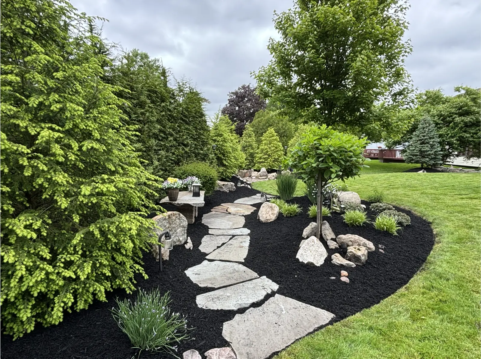 Landscaped garden with stone pathway and lush plantings