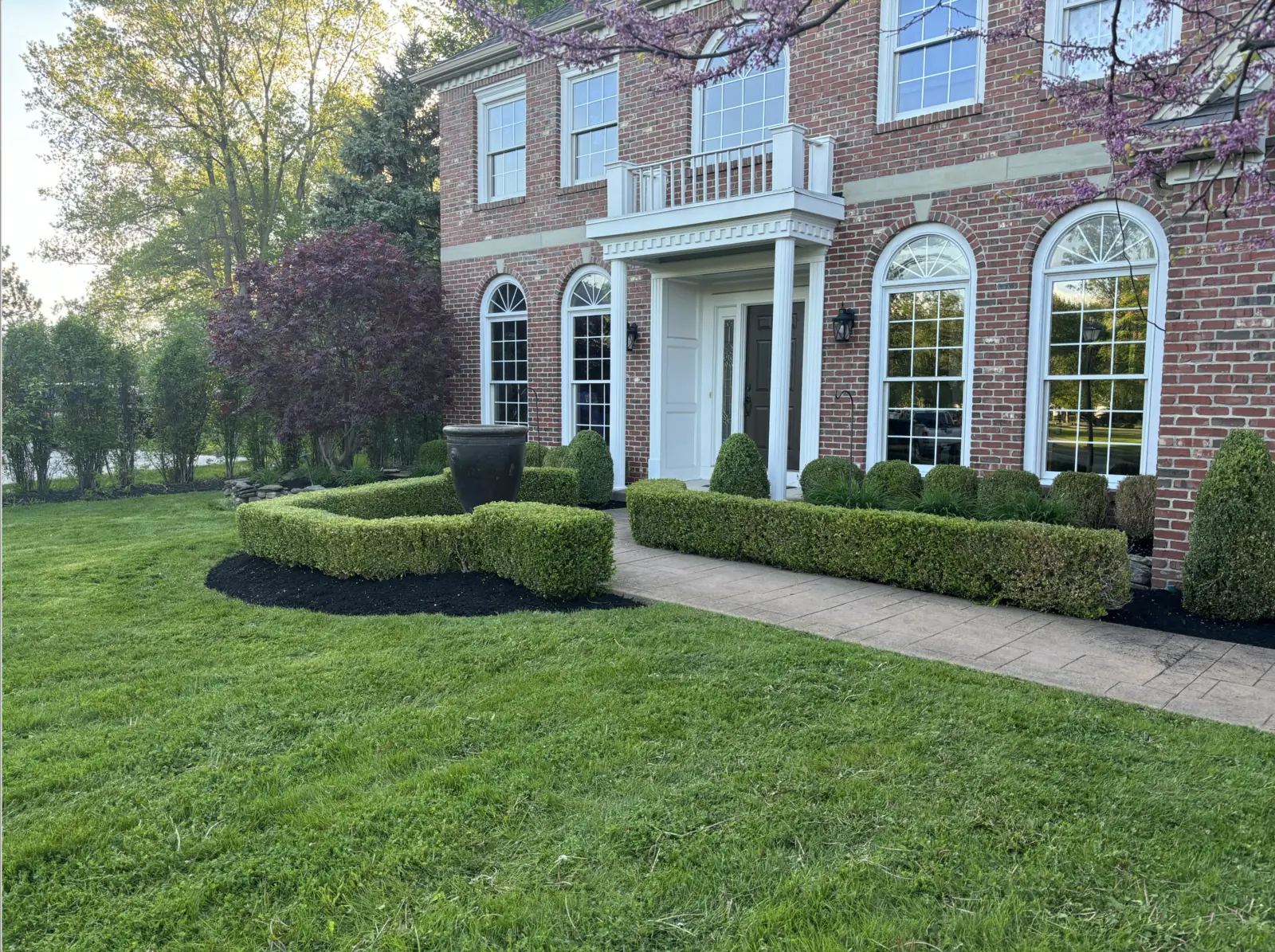 Elegant front yard landscaping with hedges and brick home