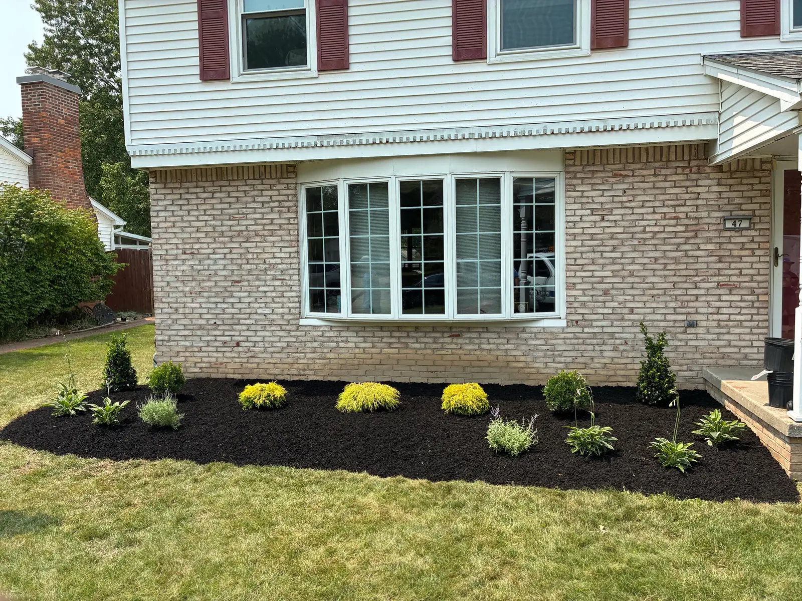 New foundation planting bed with colorful shrubs and fresh dark mulch